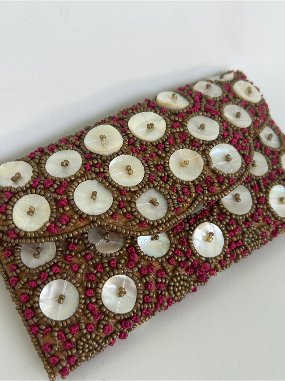 Vintage Bougainvillea Seed Bead Clutch Bag with Mother of Pearl Shell Buttons